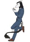  anthro azuza black_hair blue_bottomwear blue_clothing blue_jacket blue_necktie blue_pants blue_topwear bottomwear brown_clothing brown_footwear brown_shoes cigarette_in_mouth clothed clothing footwear full-length_portrait grey_horn hair hi_res holding_lighter holding_object horn jacket lighter male markings narrowed_eyes necktie pants portrait shoes side_view signature simple_background solo standing striped_markings striped_tail stripes tail tail_markings tail_tuft topwear tuft white_background white_body yellow_eyes 