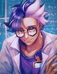  1girl absurdres bangs chalkboard closed_mouth coat commentary_request eyelashes glasses grey_eyes highres indoors jacq_(pokemon) open_clothes open_coat pokemon pokemon_(game) pokemon_sv purple_hair purple_shirt sanomi_pori shirt short_hair signature smile solo upper_body 