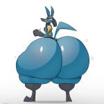  absurd_res anthro big_butt blue_body blush butt fangs frown fur generation_4_pokemon hi_res huge_butt huge_thighs hyper hyper_butt looking_back lucario male nintendo nude pokemon pokemon_(species) schplingnops simple_background solo teeth thick_thighs white_background wide_hips yellow_body 