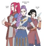  3girls baldur&#039;s_gate baldur&#039;s_gate_3 black_hair blunt_bangs braid braided_ponytail brown_eyes closed_mouth commentary_request cowboy_shot crazybabmusae double_bun dungeons_&amp;_dragons earrings fingernails hair_bun hands_on_own_hips holding holding_weapon jewelry korean_commentary kpop_demon_hunters long_fingernails long_hair mira_(kpop_demon_hunters) multiple_girls one_eye_closed pink_hair purple_hair rumi_(kpop_demon_hunters) sash short_bangs sidelocks simple_background turtleneck twintails weapon white_background zoey_(kpop_demon_hunters) 