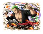  1boy dual_wielding green_hair holding holding_sword holding_weapon japanese_clothes katana male_focus one_eye_closed one_piece one_piece_treasure_cruise roronoa_zoro scar scar_across_eye scar_on_chest short_hair sword weapon 