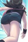  1girl ass ass_focus baseball_cap black_hair black_vest blue_shorts commentary_request facing_away feet_out_of_frame from_behind from_below grey_headwear grey_shirt hat highres hilda_(pokemon) m.m pokemon pokemon_(game) pokemon_bw ponytail shirt short_shorts shorts solo sweatband vest wristband 