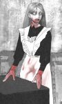  1girl alternate_costume alternate_hairstyle apron baldur&#039;s_gate baldur&#039;s_gate_3 blank_eyes blood blood_on_face blood_on_hands cowboy_shot dungeons_&amp;_dragons facing_viewer greyscale highres kong_wu_shanye long_hair maid monochrome orin_the_red solo spot_color standing 
