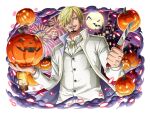  ascot blonde_hair cigarette fireworks formal full_moon hair_over_one_eye halloween holding holding_knife jack-o&#039;-lantern knife male_focus moon night night_sky one_piece one_piece_treasure_cruise open_mouth sanji_(one_piece) sky smoking suit teeth white_ascot white_suit 