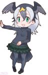  1girl animal_ears bird_ears bird_girl bird_tail bird_wings green_eyes grey_hair japanese_cormorant_(kemono_friends) jewelry kemono_friends long_hair looking_at_viewer official_art open_mouth pantyhose pendant shoes skirt solo sweater tail wings yoshizaki_mine 