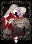  2girls armor baldur&#039;s_gate baldur&#039;s_gate_3 black_background black_eyeshadow black_lips blonde_hair blood blood_in_hair blood_on_clothes blood_on_face bodysuit border braid colored_skin cowboy_shot cuts dagger detached_sleeves dungeons_&amp;_dragons elf eye_contact eyeshadow flower hair_bun headpiece highres holding holding_dagger holding_knife holding_weapon injury knife long_hair looking_at_another low-braided_long_hair low-tied_long_hair maimai_cuishu makeup minthara multiple_girls orin_the_red ornate_border pauldrons pointy_ears red_bodysuit red_eyes red_flower short_hair shoulder_armor single_braid single_hair_bun skull smile weapon white_eyes white_skin 