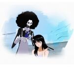 1boy 1girl afro apron ascot black_hair black_jacket blue_ascot blue_eyes blunt_bangs blush brook_(one_piece) commentary cutting_another's_hair cutting_hair highres jacket long_hair nico_robin one_eye_closed one_piece outdoors skeleton smile startboii symbol-only_commentary white_apron 