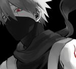  1boy bangs bare_shoulders black_background black_eyes black_scarf black_shirt hatake_kakashi heterochromia highres male_focus mask medium_hair mouth_mask naruto naruto_(series) ninja ninja_mask qvopw red_hair scar scar_across_eye scarf sharingan shirt simple_background sleeveless sleeveless_shirt solo tattoo white_hair 