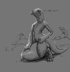  ambiguous_gender anthro claws dialogue egg english_text female group hi_res lizard meandraco monochrome reptile scalie sitting solo_focus tail text thick_tail thick_thighs 