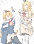  2girls akara_kai black_hairband black_thighhighs blonde_hair blue_capelet blue_overskirt braid breasts capelet closed_eyes clothes_lift crown cup dress dress_lift earrings flower hair_between_eyes hairband half_up_braid jewelry kantai_collection long_hair long_sleeves looking_at_viewer low-tied_long_hair mini_crown multiple_girls necklace off-shoulder_dress off_shoulder open_mouth panties plate red_flower red_rose ribbon rose simple_background smile solo teacup thighhighs underwear valiant_(kancolle) warspite_(kancolle) white_dress white_thighhighs 