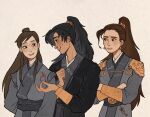  3boys armor belt black_hair black_hanfu blue_hanfu bracer brown_eyes brown_hair chinese_clothes commentary crossed_arms dark-skinned_male dark_skin dimple english_commentary erha_he_ta_de_bai_mao_shizun eye_contact flower grey_eyes hanfu high_ponytail highres long_hair looking_at_another male_focus mo_ran mole mole_under_eye multiple_boys ponytail red_flower shi_mei shoulder_armor smile tassel white_background xiao_guan_(headdress) xue_meng yaoi yaroslava_murashko 