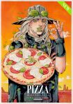  1boy absurdres beard black_bridal_gauntlets black_cape black_shirt bridal_gauntlets cape cheese_song_(meme) cloud cloudy_sky cowboy_hat english_commentary english_text facial_hair food goggles goggles_on_headwear gold_teeth green_eyes green_lips grey_hair grey_hat grills gyro_zeppeli hat highres holding holding_food holding_pizza jojo_no_kimyou_na_bouken leaf long_hair looking_at_viewer makeup male_focus meme ok_sign orange_sky pizza shirt short_sleeves sky solo sparkle steel_ball_run tomato tomato_slice traditional_media xfkart 