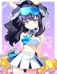  animal_ears black_hair blue_archive blue_eyes blue_skirt cheerleader dog_ears goggles goggles_on_head hibiki_(blue_archive) hibiki_(cheerleader)_(blue_archive) highres palms purple_background skirt user_futs5542 white_skirt 