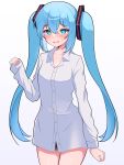  1girl absurdres blue_eyes blue_hair blush bright_pupils gradient_background hatsune_miku highres kumada_gaon long_hair naked_shirt shirt simple_background solo sweatdrop twintails vocaloid white_pupils 