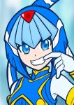  1girl android aoihito72 blue_eyes clenched_teeth gloves helmet highres leviathan_(mega_man) looking_at_viewer mega_man_(series) mega_man_zero smile solo teeth upper_body white_gloves 