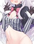  1girl :d black_gloves blush bow bowtie breasts cleavage cleavage_cutout clothing_cutout cocozasa crop_top gloves grey_hair head_out_of_frame highres hololive long_hair long_sleeves murasaki_shion navel open_mouth out-of-frame_censoring pentagram pink_bow pink_bowtie small_breasts smile solo stomach striped vertical_stripes very_long_hair virtual_youtuber 