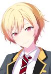  1boy blonde_hair closed_mouth collared_shirt commentary diagonal-striped_clothes diagonal-striped_necktie english_commentary genderswap genderswap_(ftm) gradient_hair highres lapels looking_at_viewer male_focus miyotastic multicolored_hair necktie notched_lapels pink_eyes pink_hair project_sekai shirt short_hair simple_background smile solo split_mouth striped_clothes tenma_saki two-tone_hair upper_body white_background 