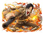  ascot black_hair brown_pants fire formal grin gun handgun holding holding_gun holding_weapon male_focus medium_hair official_art one_piece one_piece_treasure_cruise pants portgas_d._ace red_ascot smile suit teeth weapon 