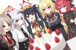  5girls ahoge akari_(blue_archive) belt birthday black_belt black_dress black_jacket black_necktie blonde_hair blue_archive blue_eyes blue_halo blush bound braid breasts cake candle chiaki_(blue_archive) closed_mouth collared_dress collared_shirt commentary_request dress food fruit grey_hair halo highres horns izumi_(blue_archive) jacket junko_(blue_archive) kkkk_(laa2973) korean_commentary looking_at_viewer multicolored_hair multiple_girls mutsuki_(blue_archive) necktie open_mouth red_eyes red_hair red_halo red_necktie saliva shirt smile strawberry streaked_hair tied_up_(nonsexual) tongue white_hair white_shirt yellow_eyes yellow_halo 