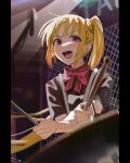  &gt;:) 1girl :d absurdres bangs blonde_hair blurry blurry_background blurry_foreground blush bocchi_the_rock! bow bowtie brown_shirt commentary day depth_of_field drumming drumsticks fence highres holding holding_drumsticks ijichi_nijika jiki_(gkdlfnzo1245) light light_particles long_hair looking_away open_mouth parted_bangs red_bow red_eyes shadow shirt short_sleeves side_ponytail sidelocks sitting smile solo tongue upper_body v-shaped_eyebrows 