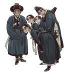  2boys 3girls black_eyes black_socks closed_mouth colored_sclera earrings facial_hair family freckles grey_sclera hanbok hat hat_on_back highres hoop_earrings jewelry korean_clothes leaning_forward looking_at_viewer mossacannibalis multiple_boys multiple_girls mustache original pale_skin parted_lips pointy_ears pouch sandals simple_background smile socks white_background wide-eyed 