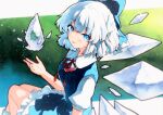  1girl blue_bow blue_dress blue_eyes blue_hair blush bow cirno closed_mouth collared_shirt detached_wings dress fairy hair_bow highres ice ice_wings looking_at_viewer puffy_short_sleeves puffy_sleeves qqqrinkappp red_ribbon ribbon shirt short_hair short_sleeves smile solo tongue tongue_out touhou traditional_media white_shirt wings 