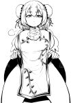  1girl absurdres bangs breasts bun_cover closed_mouth cowboy_shot double_bun flower glaring hair_bun high_contrast highres himajin_noizu ibaraki_kasen large_breasts lifted_by_self looking_at_viewer monochrome rose short_hair simple_background solo standing tabard touhou 