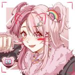  1girl animal_ears bead_necklace beads black_jacket border brown_arm_warmers cat_ears chinese_commentary commentary_request drawn_ears drawn_whiskers eyelashes eyes_visible_through_hair fur-trimmed_jacket fur-trimmed_sleeves fur_trim gyaru hair_ornament hair_scrunchie hairclip happy heart heart_hair_ornament heart_necklace highres holding holding_toy infinity_nikki jacket jewelry lipstick long_hair long_sleeves lower_teeth_only makeup multicolored_hair necklace nikki_(series) open_mouth outside_border parallel_hairclips pink_background pink_eyes pink_hair pink_lips pink_scrunchie rainbow_hair_ornament rosie_sweetheart_(infinity_nikki) scrunchie shenmejiu sidelocks smile solo split-color_hair star_(symbol) star_hair_ornament straight_hair tamagotchi_(virtual_pet) teeth toy two_side_up upper_body viewfinder virtual_pet_(toy) white_border x_hair_ornament y2k_fashion 