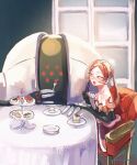  1girl bare_shoulders black_gloves cake cake_slice chair dana_(pokemon) food fork gloves highres holding holding_fork looking_at_another majikichi_(miyama) on_chair open_mouth pokemon pokemon_(creature) pokemon_xy red_hair registeel signature sitting table tiered_tray 