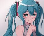 1girl aqua_eyes blue_hair finger_to_mouth grin hatsune_miku highres kumada_gaon long_hair looking_at_viewer shushing simple_background sleeveless smile solo twintails upper_body vocaloid 