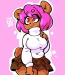  2021 anthro bear bottomwear brown_body brown_bottomwear brown_clothing brown_fur brown_skirt clothing female fur hair jek_korpen julie_jamberry mammal pink_background pink_hair pleated_skirt red_eyes simple_background skirt slightly_chubby smile solo sweater topwear turtleneck white_clothing white_sweater white_topwear 