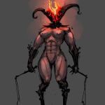  abs breasts demon featureless_crotch female fire hi_res holding_object holding_whip humanoid meandraco muscular muscular_female nipples solo whip 
