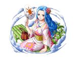  1girl bamboo blue_hair flower hair_ornament japanese_clothes long_hair looking_at_viewer nefertari_vivi non-web_source official_art one_piece one_piece_treasure_cruise pink_flower sitting solo white_flower 
