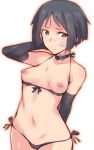  bandaid bandaid_on_cheek bandaid_on_face bikini black_bikini black_eyes black_gloves black_hair brave_witches breasts breasts_out choker collarbone elbow_gloves em_(totsuzen_no_hakike) from_above frown gloves hand_on_own_neck heart heart_choker kanno_naoe looking_to_the_side medium_hair navel nipple_piercing nipples piercing swimple_background swimsuit white_background wide_hips world_witches_series 