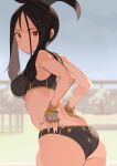  1girl ass bikini black_bikini black_hair blurry blurry_background blush breasts buruma closed_mouth commentary_request dendra_(pokemon) fingerless_gloves from_side gloves hands_on_hips highres long_hair looking_at_viewer looking_to_the_side medium_breasts midriff orange_hair outdoors paid_reward_available pokemon pokemon_(game) pokemon_sv scar scar_on_face scar_on_head sideboob sky solo sports_bikini sports_bra spring2013 swimsuit track_and_field yellow_gloves 