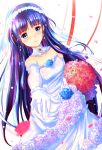  1girl black_hair blue_eyes bouquet bridal_veil bride dress flower highres holding holding_bouquet izumikuu jewelry long_hair ring rose touma_kazusa veil wedding wedding_dress wedding_ring white_album_2 