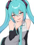  1girl :d absurdres bare_shoulders black_skirt black_sleeves blue_eyes blue_hair blue_nails blush detached_sleeves grey_shirt hair_between_eyes hand_on_own_chin hand_up hatsune_miku head_tilt highres kumada_gaon leaning_forward long_hair looking_at_viewer miniskirt nail_polish pleated_skirt shirt shoulder_tattoo single_detached_sleeve skirt smile smug solo staring tattoo twintails very_long_hair vocaloid wide_sleeves 