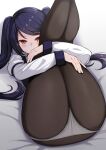  1girl absurdres ass bed_sheet black_hair covered_mouth grey_panties hands_under_legs highres jill_stingray katsuragi_nantoka legs_up long_hair long_sleeves looking_at_viewer lying on_back panties pantyhose purple_hair red_eyes solo thighs twintails underwear va-11_hall-a 