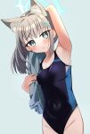  1girl animal_ear_fluff animal_ears bangs black_one-piece_swimsuit blue_archive blue_eyes blue_jacket breasts competition_swimsuit covered_navel cross_hair_ornament extra_ears grey_hair hair_ornament halo highres jacket leaning_to_the_side looking_at_viewer low_ponytail medium_breasts medium_hair mismatched_pupils multicolored_clothes multicolored_swimsuit one-piece_swimsuit shiroko_(blue_archive) shiroko_(swimsuit)_(blue_archive) solo swimsuit villeannn 