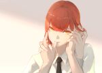  1girl bangs black_necktie chainsaw_man commentary_request long_sleeves makima_(chainsaw_man) necktie pov red_hair shirt solo_focus tenshin_kagehisa upper_body white_shirt yellow_eyes 