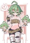  1girl :3 :d ahoge bare_shoulders belt black_shorts blush brown_belt chest_belt chibi closed_mouth collarbone commentary_request disgaea double-parted_bangs feet_out_of_frame female_warrior_(disgaea) green_eyes green_hair hair_between_eyes hand_up heart highres looking_at_viewer multiple_views navel open_mouth pointy_ears polka_dot polka_dot_background short_hair shorts smile spoken_heart standing suaman 