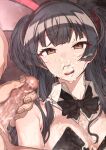  1boy 1girl animal_ears bangs bare_shoulders black_hair blush bow bowtie breasts brown_eyes bukkake censored cleavage cum cum_in_mouth cum_on_body cum_on_breasts detached_collar empty_eyes erere facial fake_animal_ears idolmaster idolmaster_shiny_colors long_hair lying mayuzumi_fuyuko mosaic_censoring on_back open_mouth penis playboy_bunny rabbit_ears sweat teeth tongue tongue_out two_side_up variant_set 