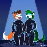 2_horns anthro black_bodysuit black_clothing black_latex black_skinsuit bodysuit boots breath brown_hair bulge canid cheek_tuft clothing davyboi drone dronesuit dronification duo ear_tuft facial_tuft footwear forced fur green_body green_fur green_hair hair hi_res horn hypnosis hypnotic_visor latex latex_bodysuit latex_clothing latex_skinsuit looking_pleasured male male/male mammal markings mind_control null_bulge open_mouth orange_body orange_fur panting shoes skinsuit striped_ears striped_markings striped_tail stripes struggling tail tail_markings tail_motion tail_tuft tailwag tight_clothing tongue tongue_out touching_bulge tuft visor