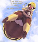  2023 antennae_(anatomy) anthro anus arthropod arthropod_abdomen arthropod_abdomen_anus bee black_body blossom_(thousandfoldfeathers) blush bottomless breasts butt clothed clothing dialogue english_text feet female genitals hi_res hymenopteran insect looking_at_viewer multicolored_body pussy soles solo talking_to_viewer text thousandfoldfeathers two_tone_body yellow_body 