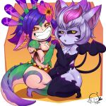 2_tails alternate_species animal_ears animal_tail breasts duo evelynn_(lol) eyelashes feet female hair hand_holding humanoid humanoid_pointy_ears jolli-ceta kneeling league_of_legends looking_at_viewer multi_tail navel neeko_(lol) orange_background pointy_ears pupils riot_games short_stack simple_background slit_pupils spade_tail tail tail_ridge tencent thick_thighs white_background wide_hips yellow_eyes yordle