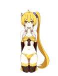  1girl :&lt; akita_neru antenna_hair arms_behind_back bare_shoulders bikini black_sleeves black_thighhighs blonde_hair blush breasts cleavage closed_mouth collarbone collared_shirt commentary_request cropped_legs detached_sleeves double-parted_bangs expressionless front-tie_bikini_top front-tie_top grey_shirt hair_between_eyes high_side_ponytail long_hair long_sleeves looking_at_viewer miku_collar_bikini myang_(_0_0_o_o_) navel open_clothes open_shirt pale_skin shirt side_ponytail simple_background small_breasts solo standing stomach straight-on swimsuit thighhighs very_long_hair vocaloid white_background yellow_bikini yellow_eyes yellow_trim 