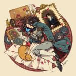  1boy ascot blue_butterfly blue_coat book briefcase bug butterfly candle carlo_(lies_of_p) cat coat commentary english_commentary gemini_(lies_of_p) gloves grey_pants hair_spread_out lantern lies_of_p lucylee158 lying male_focus mechanical_arms on_side painting_(object) pants pinocchio_(lies_of_p) prosthesis prosthetic_arm signature single_mechanical_arm sleeping spring_(lies_of_p) white_ascot white_gloves 