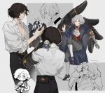  1boy artist_name ascot black_hair black_pants blue_coat blue_eyes chibi chibi_inset coat commentary dual_persona english_commentary freckles grey_hair grey_pants highres kumashige lies_of_p male_focus mechanical_arms mini_person miniboy multiple_views official_alternate_hair_color pants pinocchio_(lies_of_p) prosthesis prosthetic_arm shirt short_hair single_mechanical_arm sitting smile twitter_username white_ascot white_shirt 