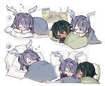  2girls antlers ashru_(genshin_impact) blanket cat chibi chibi_only commentary curled_horns deer_antlers deer_girl english_commentary genshin_impact green_eyes green_hair hair_over_one_eye highres horns lauma_(genshin_impact) mole mole_under_eye multiple_girls nefer_(genshin_impact) nonons photo_inset pillow pointy_ears purple_hair sleeping sweat zzz 