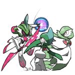  arm_blade blacknirrow colored_skin double-blade energy_ball fighting gallade gardevoir green_hair iron_valiant joints multicolored_skin no_mouth pixel_eyes pokemon pokemon_(creature) red_eyes robot_joints simple_background skirt sword_clash two-tone_skin weapon white_background 